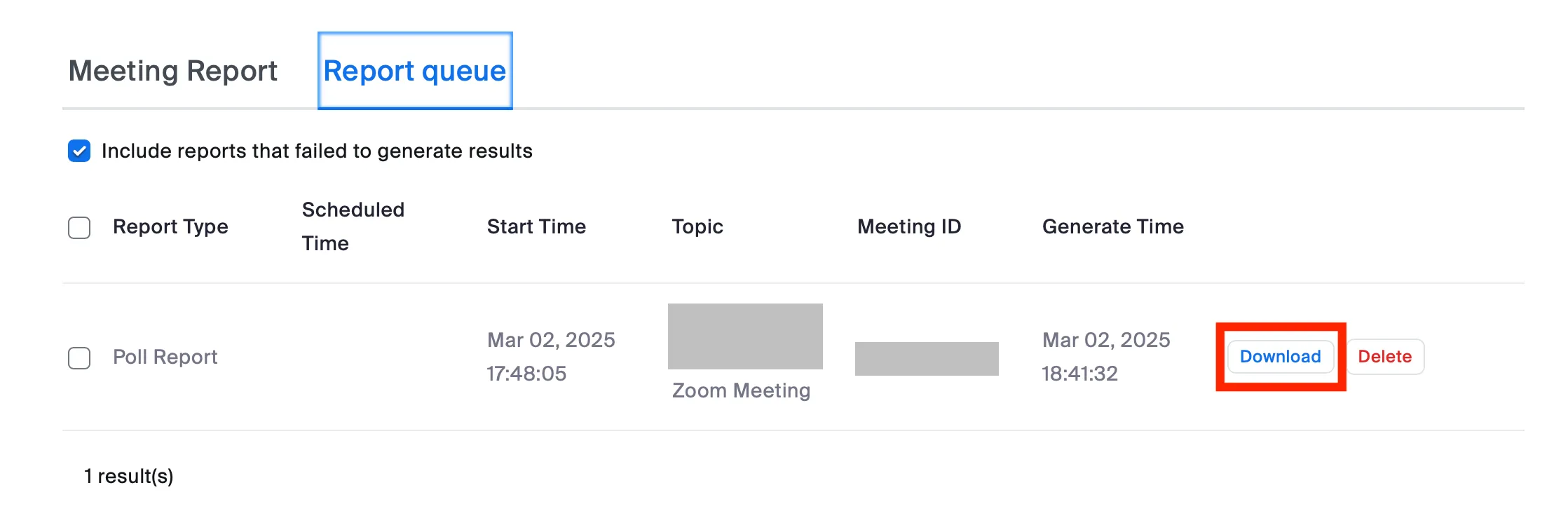 the report download screen